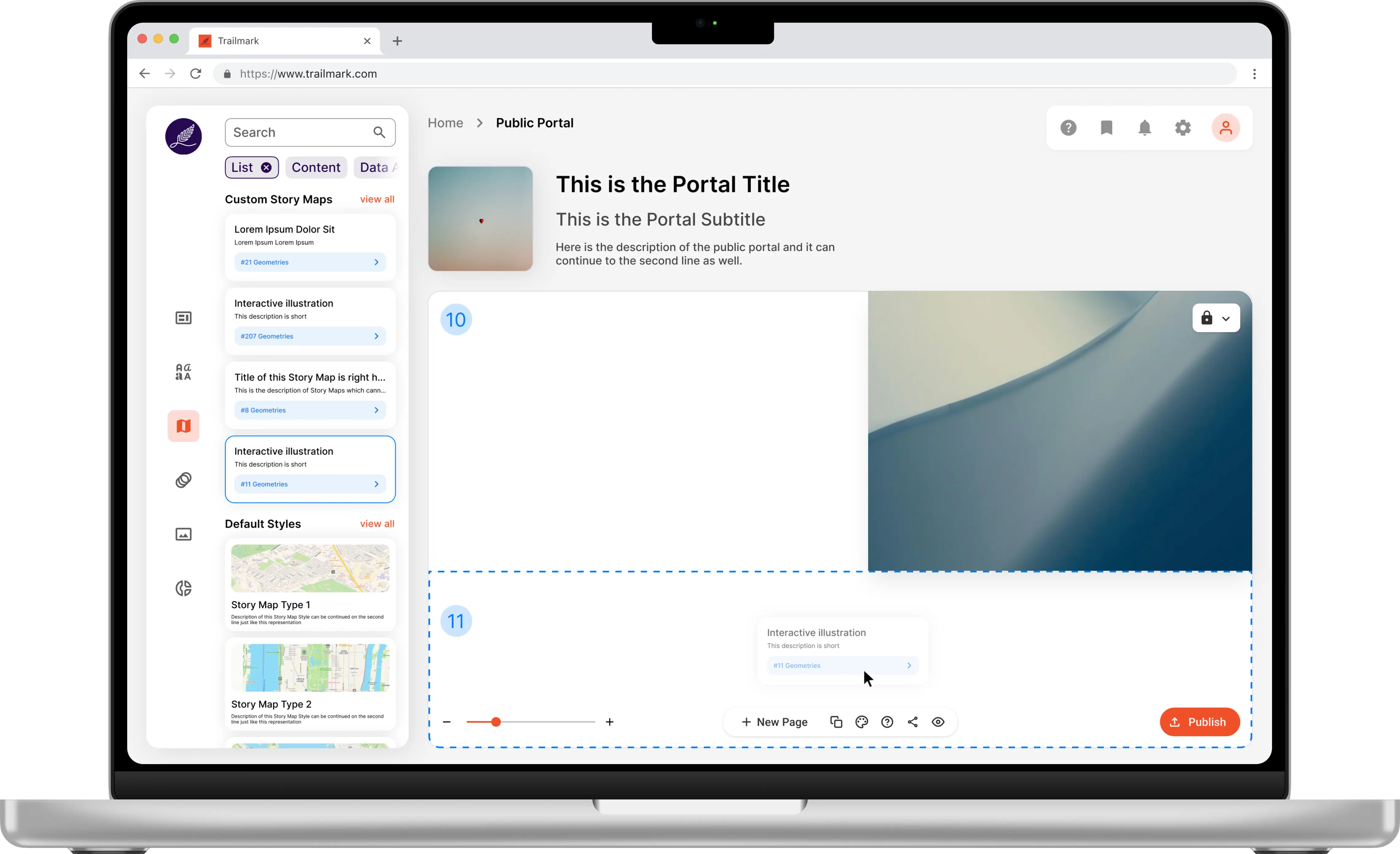 Trailmark public portal editor — light mode final implementation